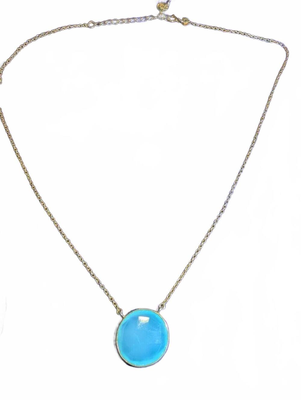 Blue Cabochon Pendant Necklace Silver 925 goldtone Chain